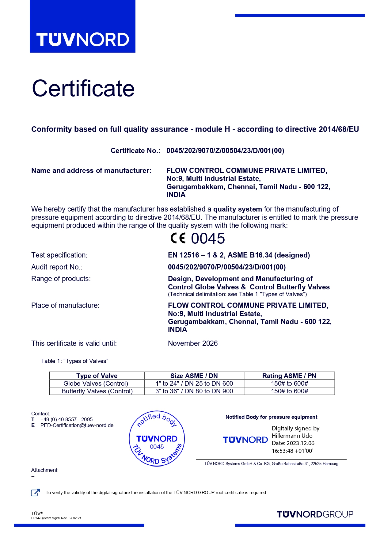 PED Certificate - Flow Control Commune Pvt. Ltd.